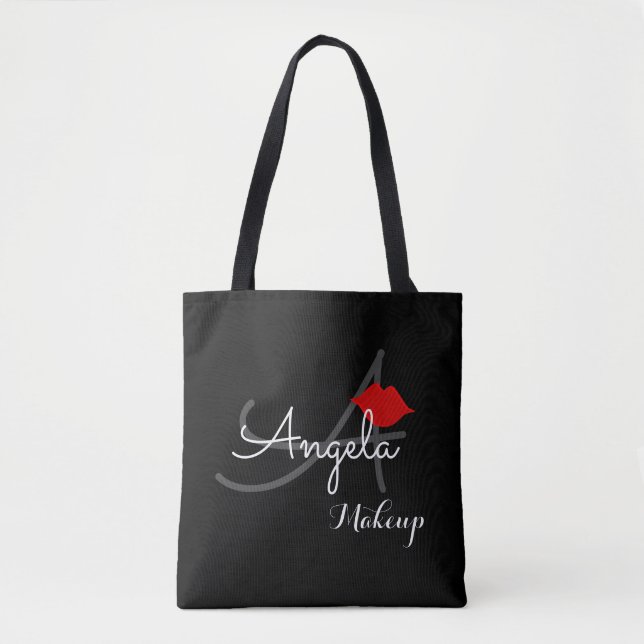 red lips . makeup artist monogram beauty black tote bag (Front)