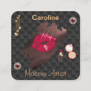 Red Lips Makeup Artist & Pearls and Gems Square Business Card