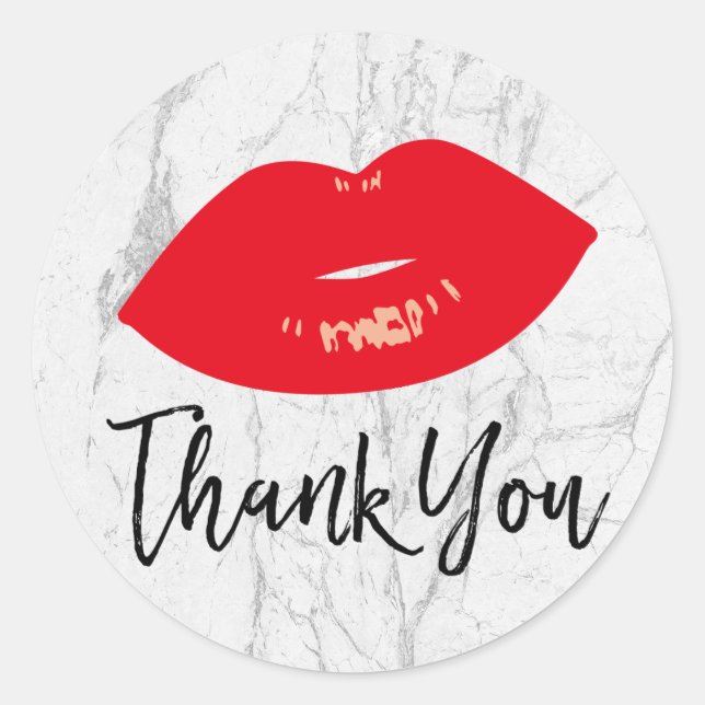 Red Lips Modern White Marble Thank You Classic Round Sticker (Front)