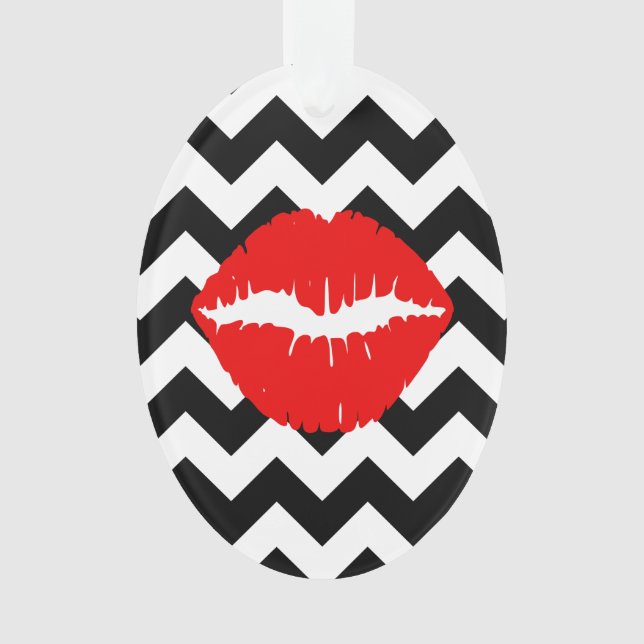 Red Lips on Black and White Zigzag Ornament (Front)