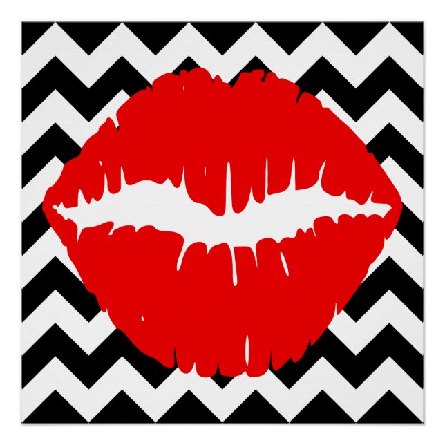 Red Lips on Black and White Zigzag Poster (Front)