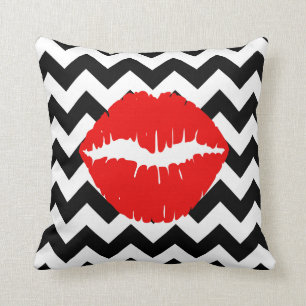 Red Lips on Black and White Zigzag Throw Pillow