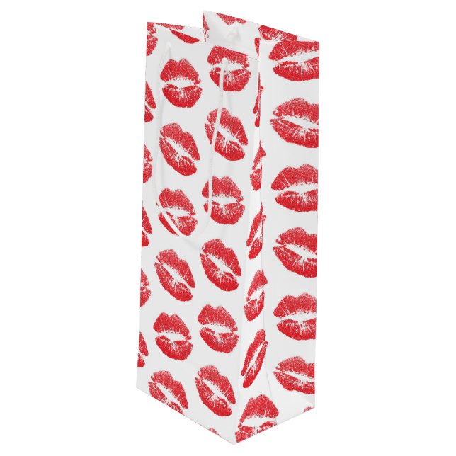 Red Lips, Pattern Of Lips, Red Lipstick, Kiss Wine Gift Bag (Back Angled)
