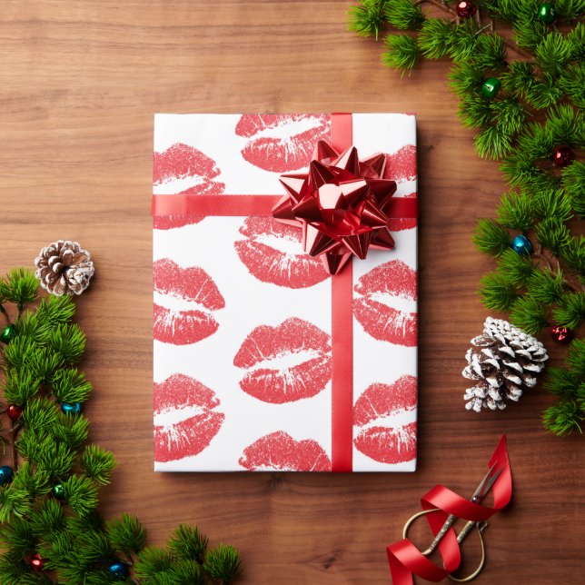 Red Lips, Pattern Of Lips, Red Lipstick, Kiss Wrapping Paper (Holiday Gift)