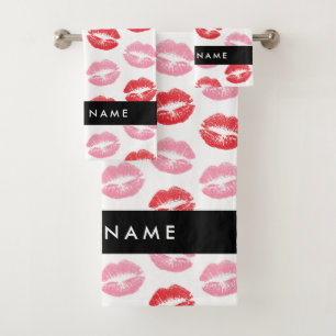 Red Lips, Pink Lips, Kiss, Your Name, Personalise Bath Towel Set