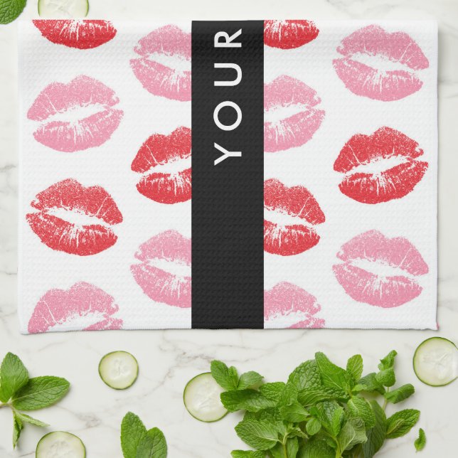 Red Lips, Pink Lips, Kiss, Your Name, Personalise Kitchen Towel (Folded)