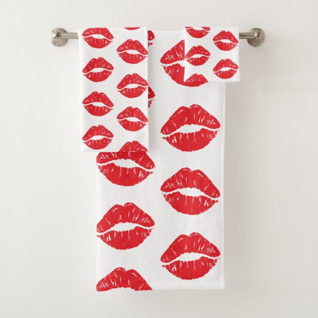 Red Lips, Red Lipstick, Kiss, Pattern Of Lips Bath Towel Set (Insitu)