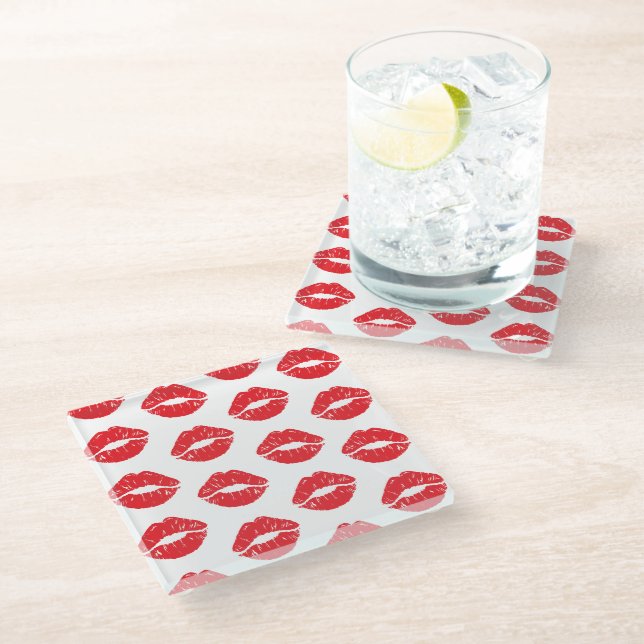 Red Lips, Red Lipstick, Kiss, Pattern Of Lips Glass Coaster (Angled)