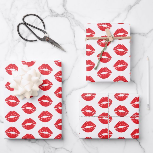 Red Lips, Red Lipstick, Kiss, Pattern Of Lips Wrapping Paper Sheet (Front)