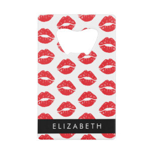 Red Lips, Red Lipstick, Pattern Of Lips, Your Name Credit Card Bottle Opener