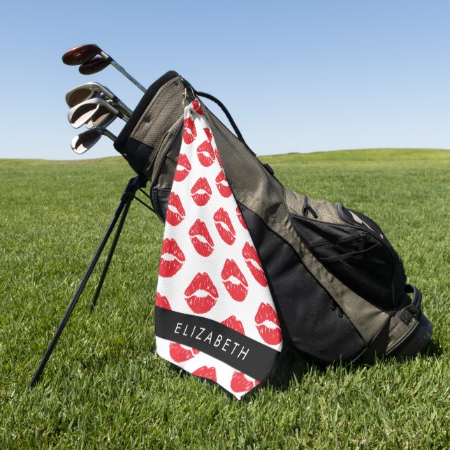 Red Lips, Red Lipstick, Pattern Of Lips, Your Name Golf Towel (Green)