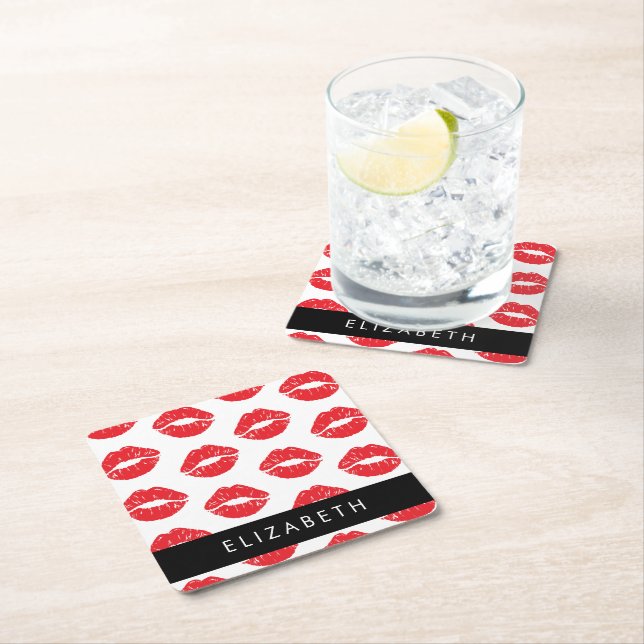 Red Lips, Red Lipstick, Pattern Of Lips, Your Name Square Paper Coaster (Insitu)