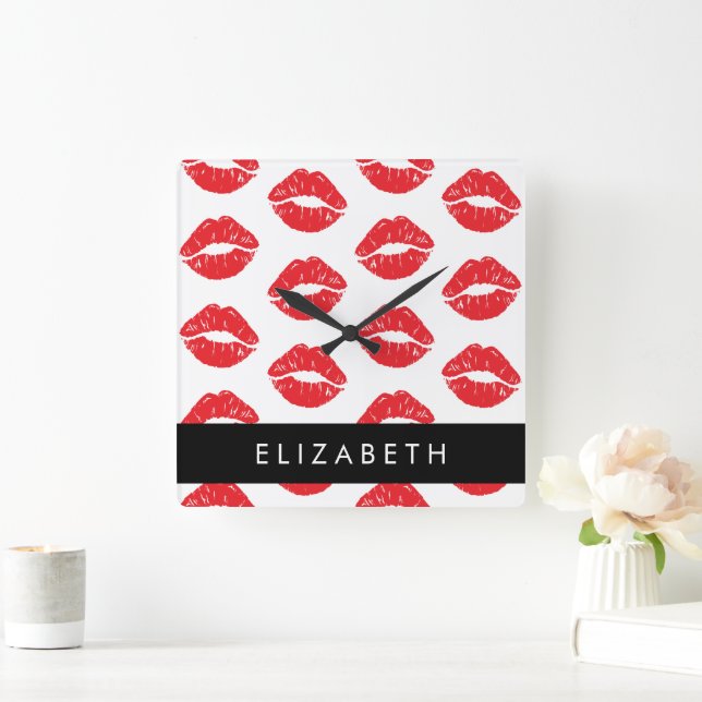 Red Lips, Red Lipstick, Pattern Of Lips, Your Name Square Wall Clock (Home)