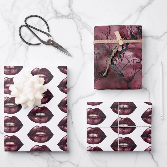 Red Lips Sky Branches Wrapping Paper Sheet (Front)
