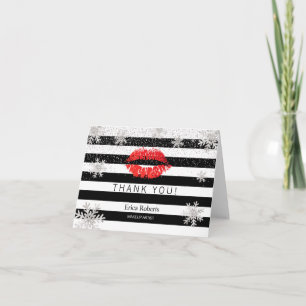 Red Lips Snowflakes Modern Stripes Thank You