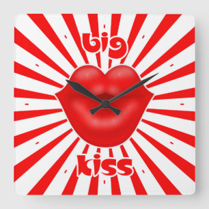 Red lips solar rays big kiss square wall clock