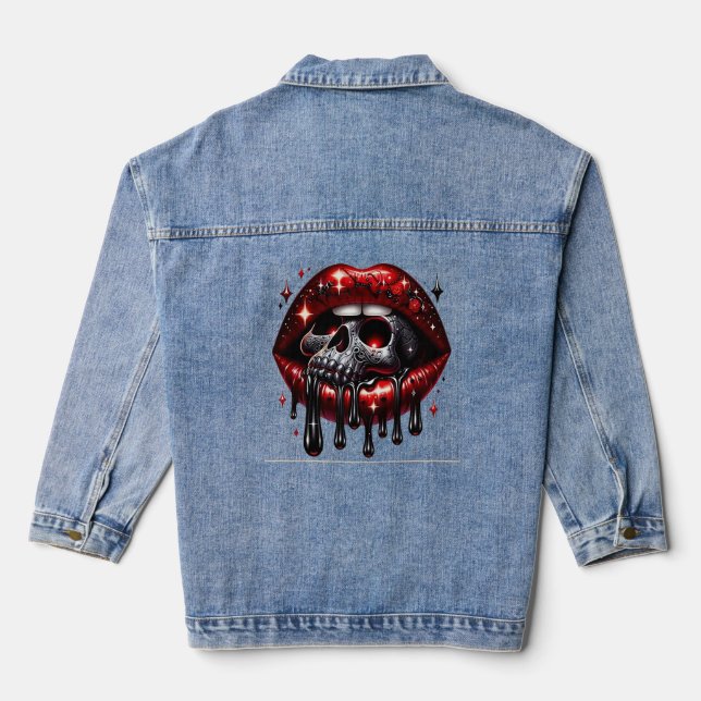 Red Lips Surrounding a Skull Denim Jacket (Back)
