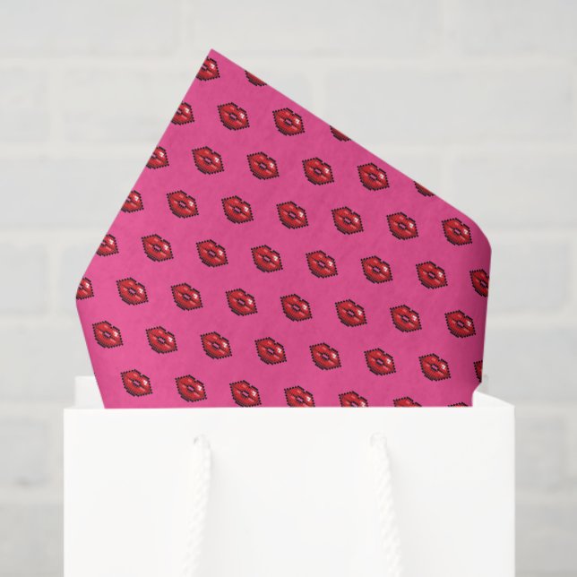 Red Lips Valentines Kisses Pixel Art Pattern Tissue Paper (Gift Bag)