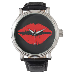 Red Lips Watch Vintage Leather Strap Black