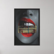 Red Lips with Cash Framed Canvas Wall Art