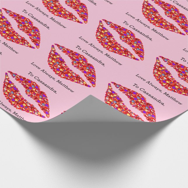 Red Lips With Hearts Personalized Valentines Day Wrapping Paper (Corner)