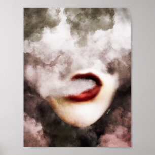 Red Lips Woman Smoke Art Poster