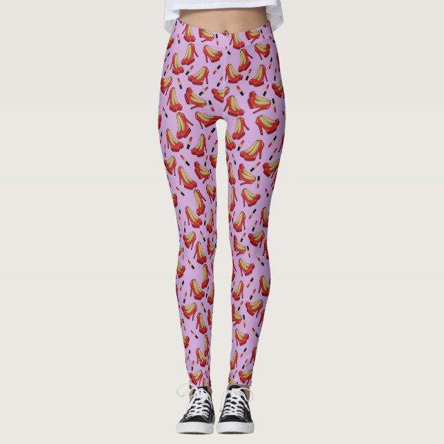 Red Lipstick and Red High Heels pattern Throw Pill Leggings (Front)