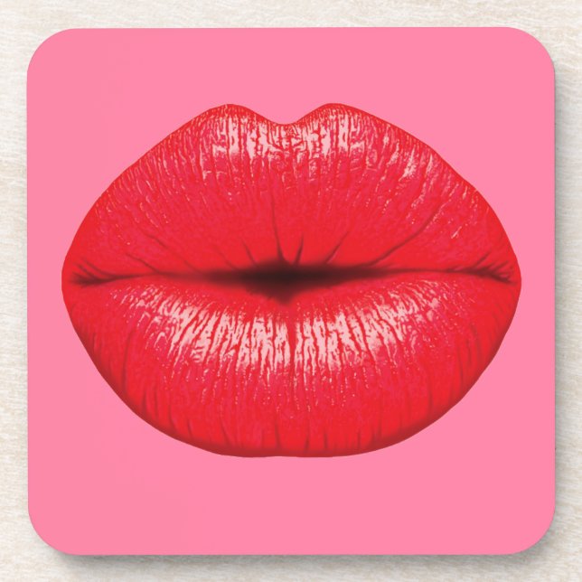 Red Lipstick big pop art lips on girly pink Coaster (Front)