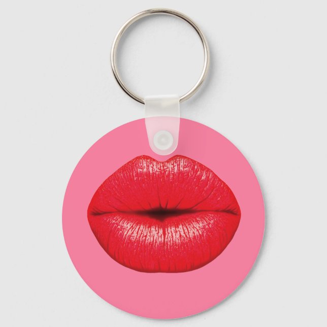 Red Lipstick big pop art lips on girly pink Keychain (Front)