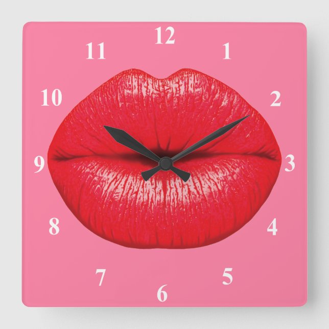 Red Lipstick big pop art lips on girly pink Square Wall Clock (Front)