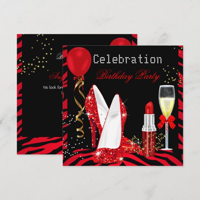 Red Lipstick Glitter Zebra Birthday Party Invitation (Front/Back)