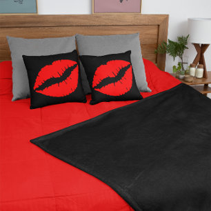 Red Lipstick Kiss on Black Throw Pillow