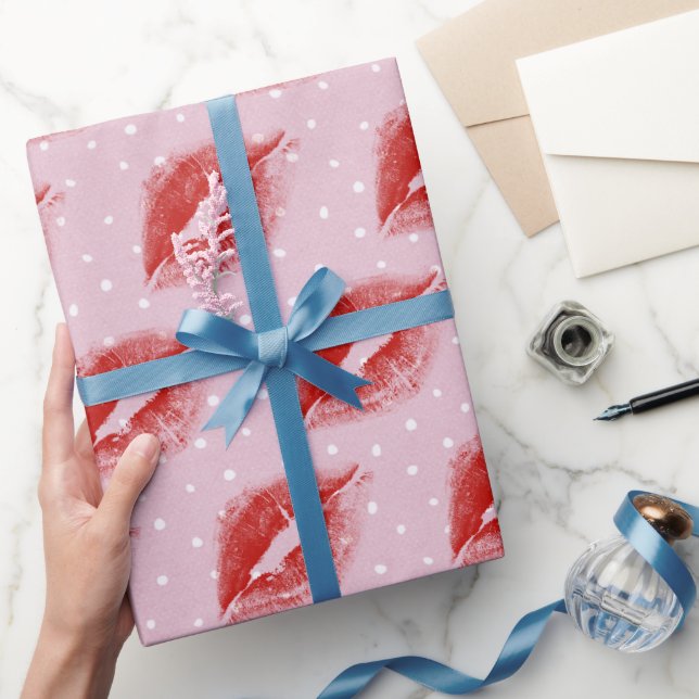 Red Lipstick Kiss on Polka Dots Wrapping Paper (Gifting)