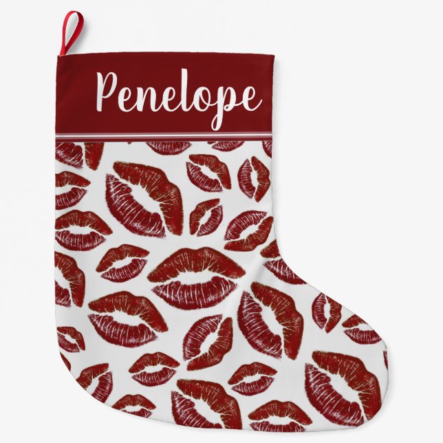 Red Lipstick Kiss Pattern Large Christmas Stocking (Front)