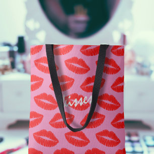 Red Lipstick Kiss Pattern on Pink Custom Tote Bag