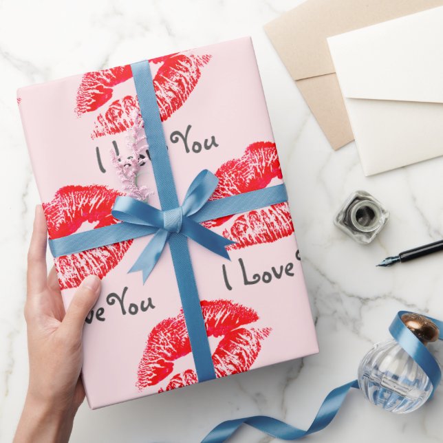 Red Lipstick Kisses I Love You Wrapping Paper (Gifting)