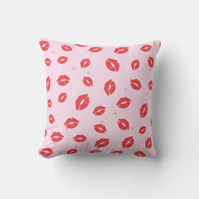 Red Lipstick Kisses on Pink Background Pattern Throw Pillow (Front)