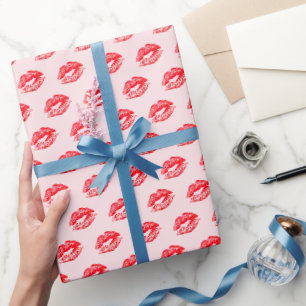 Red Lipstick Kisses On Pink Wrapping Paper