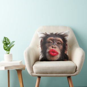 Red Lipstick on a Chimpanzee Throw Pillow