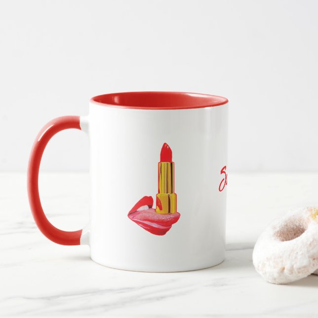 Red Lipstick on The Tongue with Personalization Mug (With Donut)
