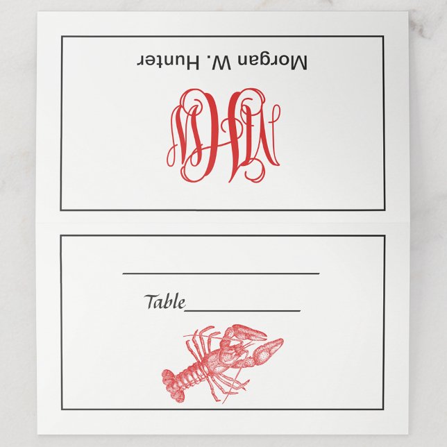 Red Lobster #1 Drawing Vine Script Monogram Place Card (Creator Uploaded)