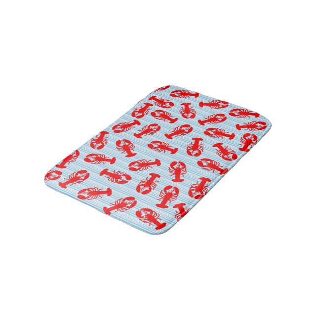 Red Lobster Animal Pattern on Blue Stripes Bath Mat (Angled)