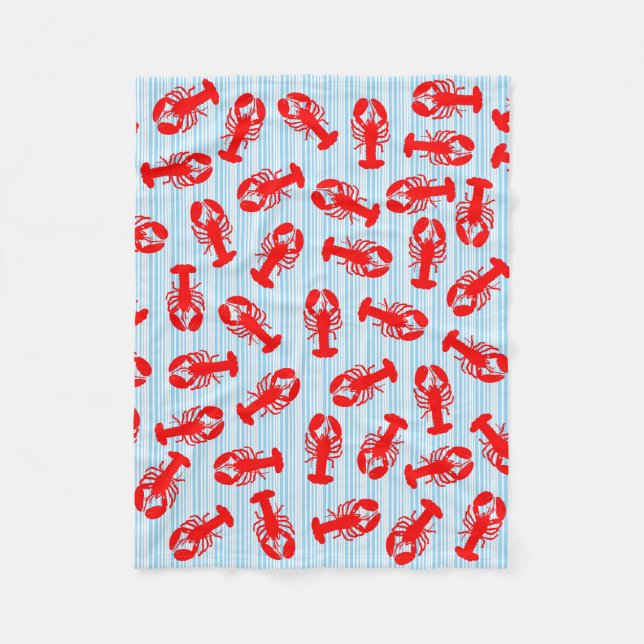 Red Lobster Animal Pattern on Blue Stripes Fleece Blanket (Front)