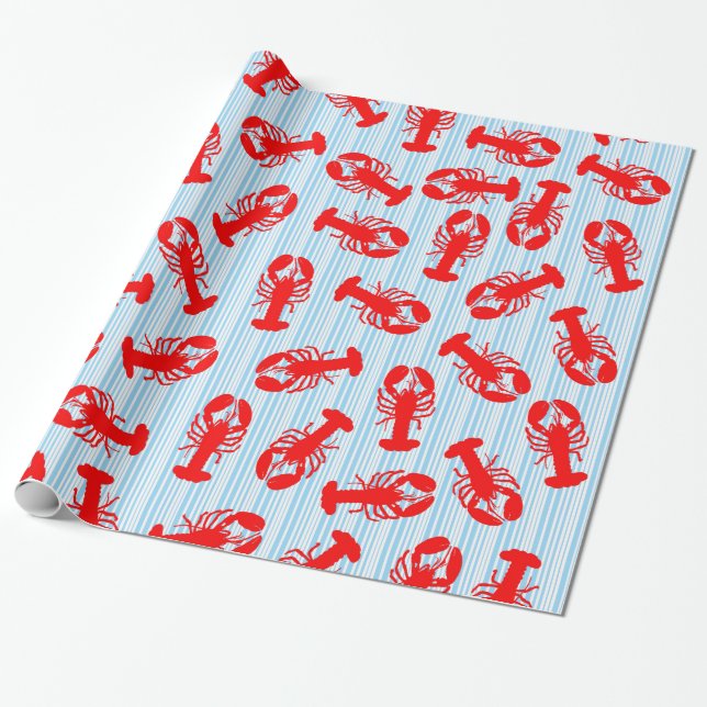 Red Lobster Animal Pattern on Blue Stripes Wrapping Paper (Unrolled)