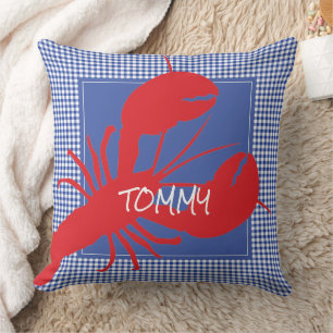Red Lobster Blue Gingham NAME Coastal Decor Throw Pillow