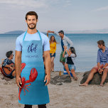 Red lobster blue sea crawfish boil party chef cook apron<br><div class="desc">Nautical,  summer and sea food theme.  A red lobster on a blue sea water background. The text: Chef wiht a modern blue hand lettered style script. Personalize and add your name.</div>