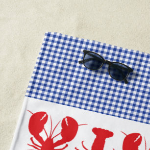 Red Lobster Blue White Gingham Coastal Beach Fun Towel