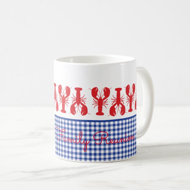 Red Lobster Blue White Gingham Coastal Custom Text Coffee Mug (Front Right)