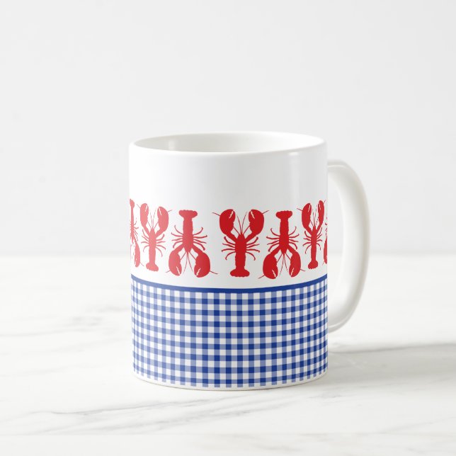 Red Lobster Blue White Gingham Coastal Fun Coffee Mug (Front Right)