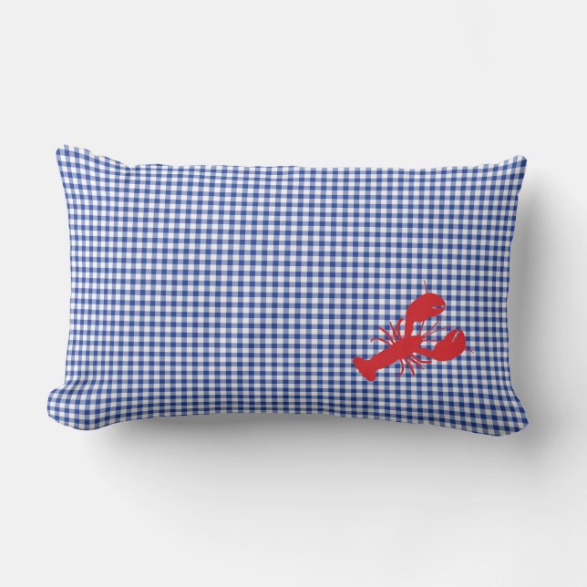Red Lobster Blue White Preppy Gingham Home Decor Lumbar Pillow (Front)